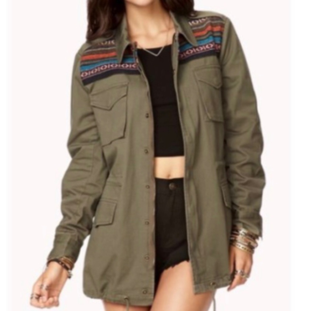 NWT Forever 21 Large Embroidered Khaki Green  Cotton Canvas Jacket